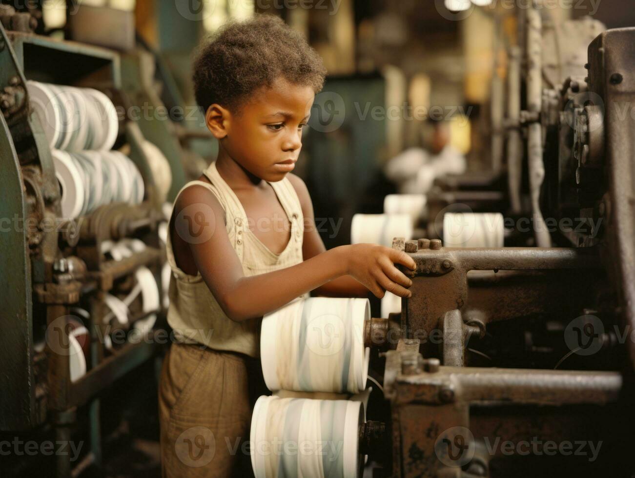 histórico de colores foto de un niños diario trabajo en el 1900 ai generativo