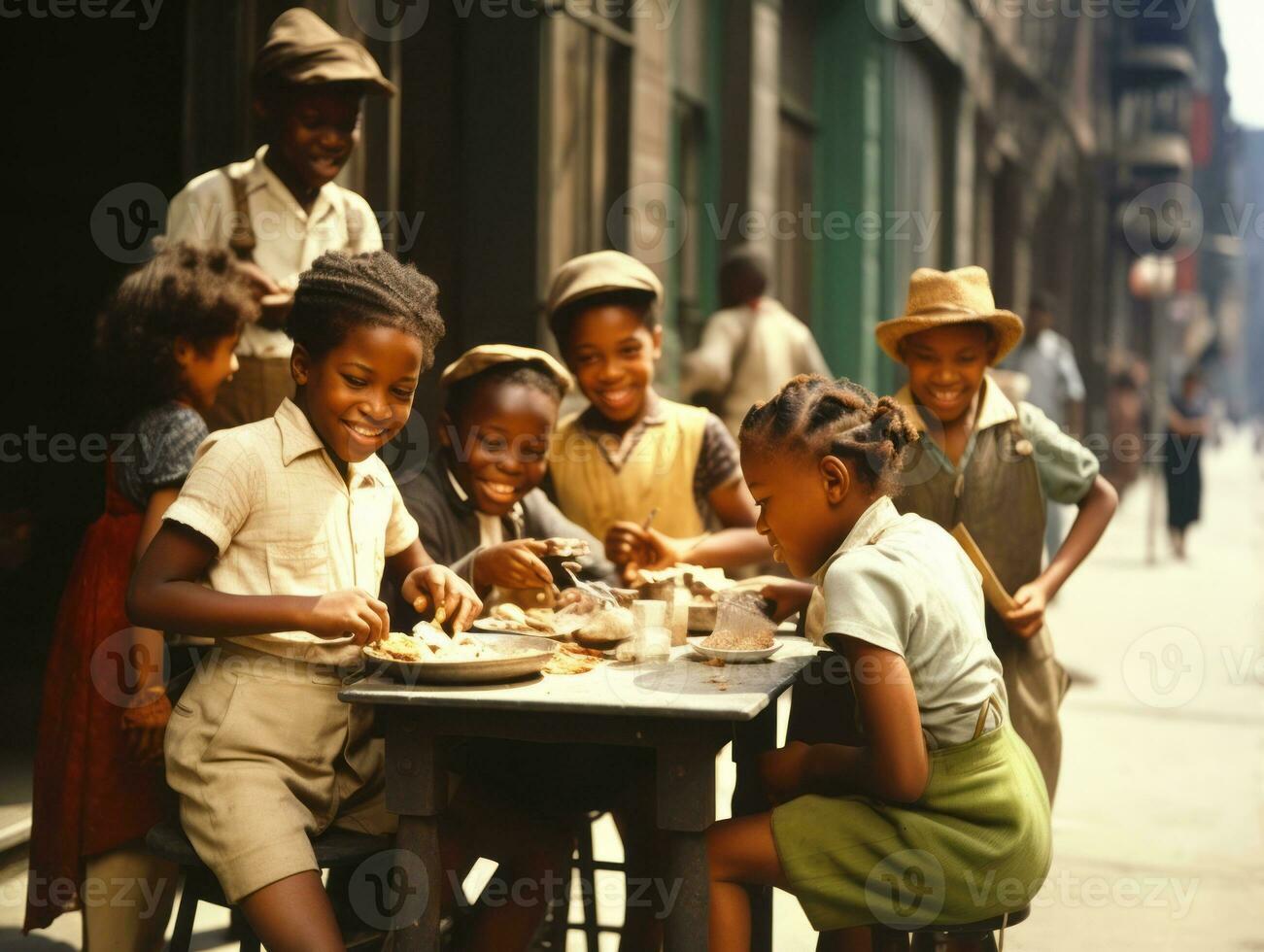 Historic colored photo of a kids daily work in the 1900s AI Generative