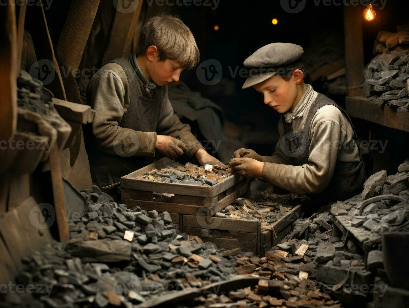 histórico de colores foto de un niños diario trabajo en el 1900 ai generativo