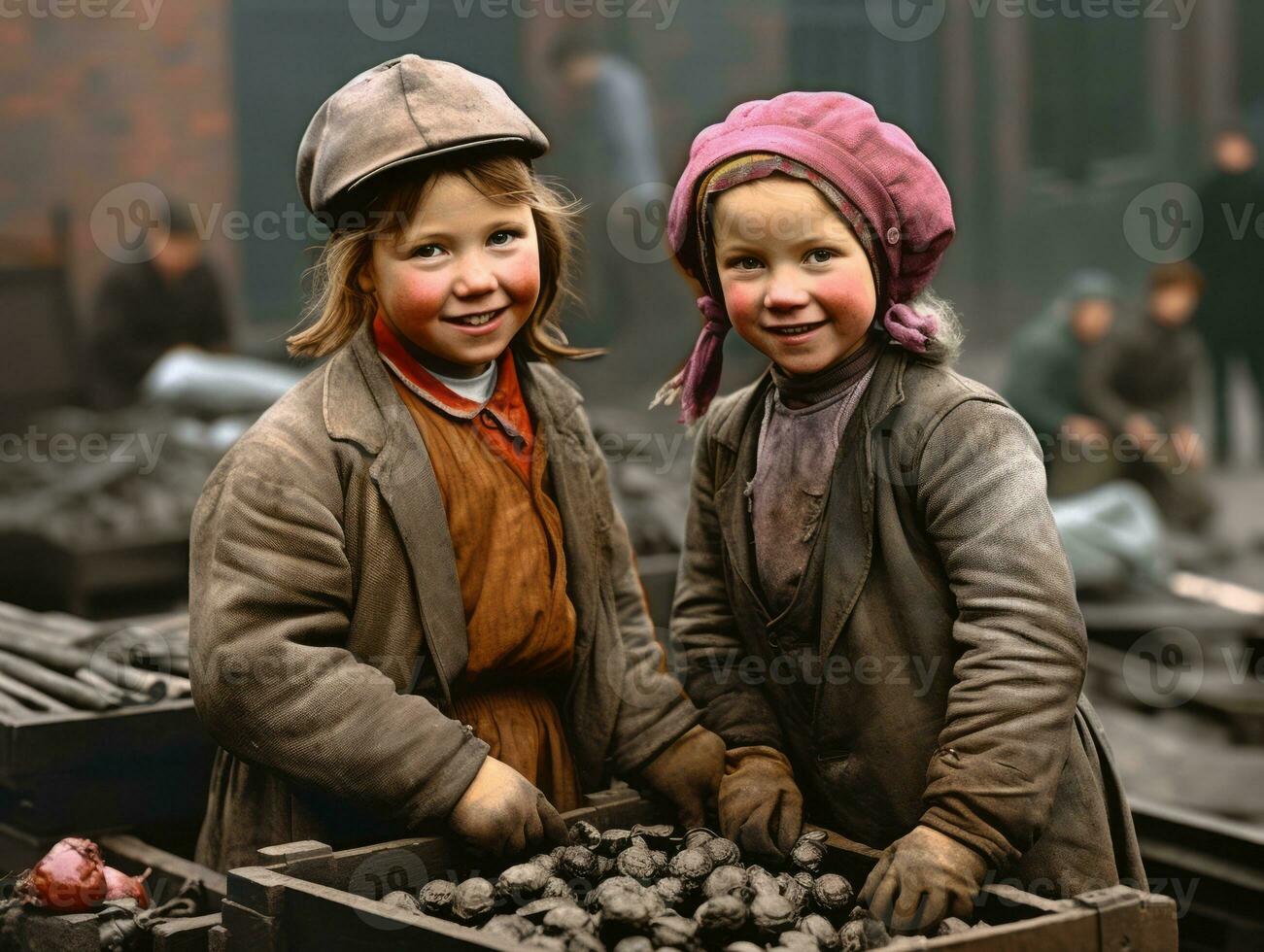 Historic colored photo of a kids daily work in the 1900s AI Generative