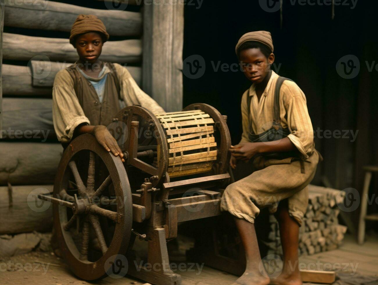 Historic colored photo of a kids daily work in the 1900s AI Generative