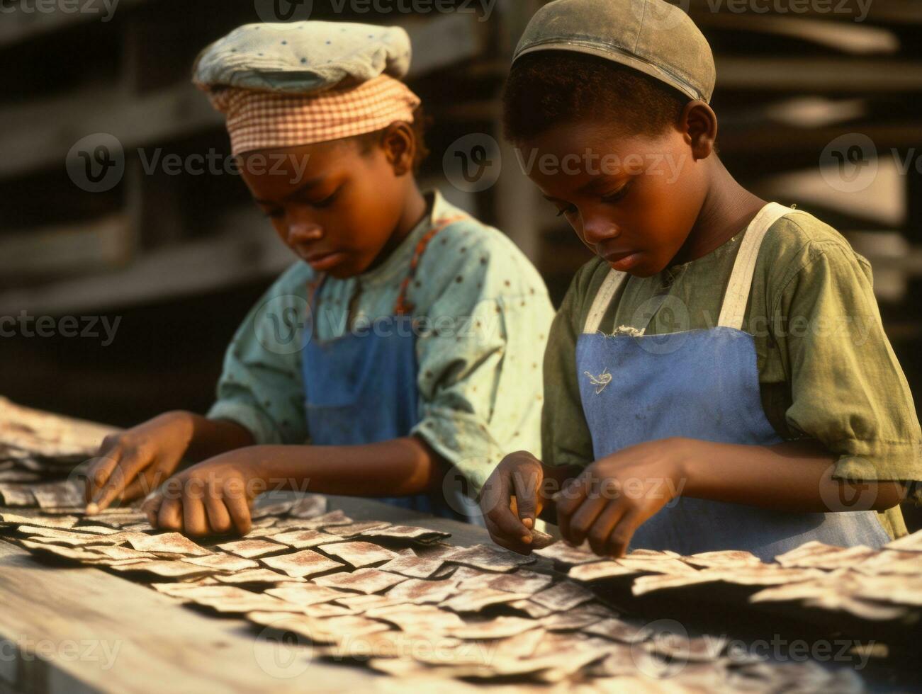 Historic colored photo of a kids daily work in the 1900s AI Generative