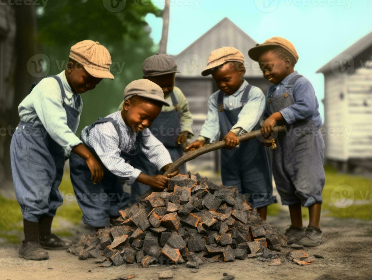 Historic colored photo of a kids daily work in the 1900s AI Generative