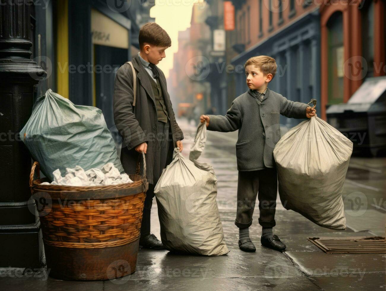 Historic colored photo of a kids daily work in the 1900s AI Generative