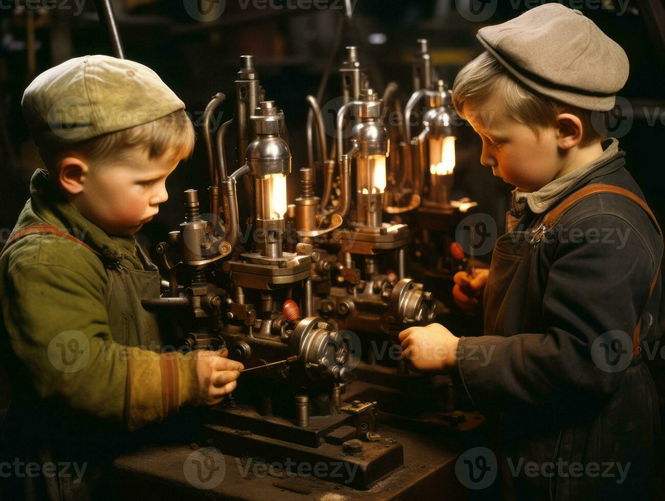 Historic colored photo of a kids daily work in the 1900s AI Generative