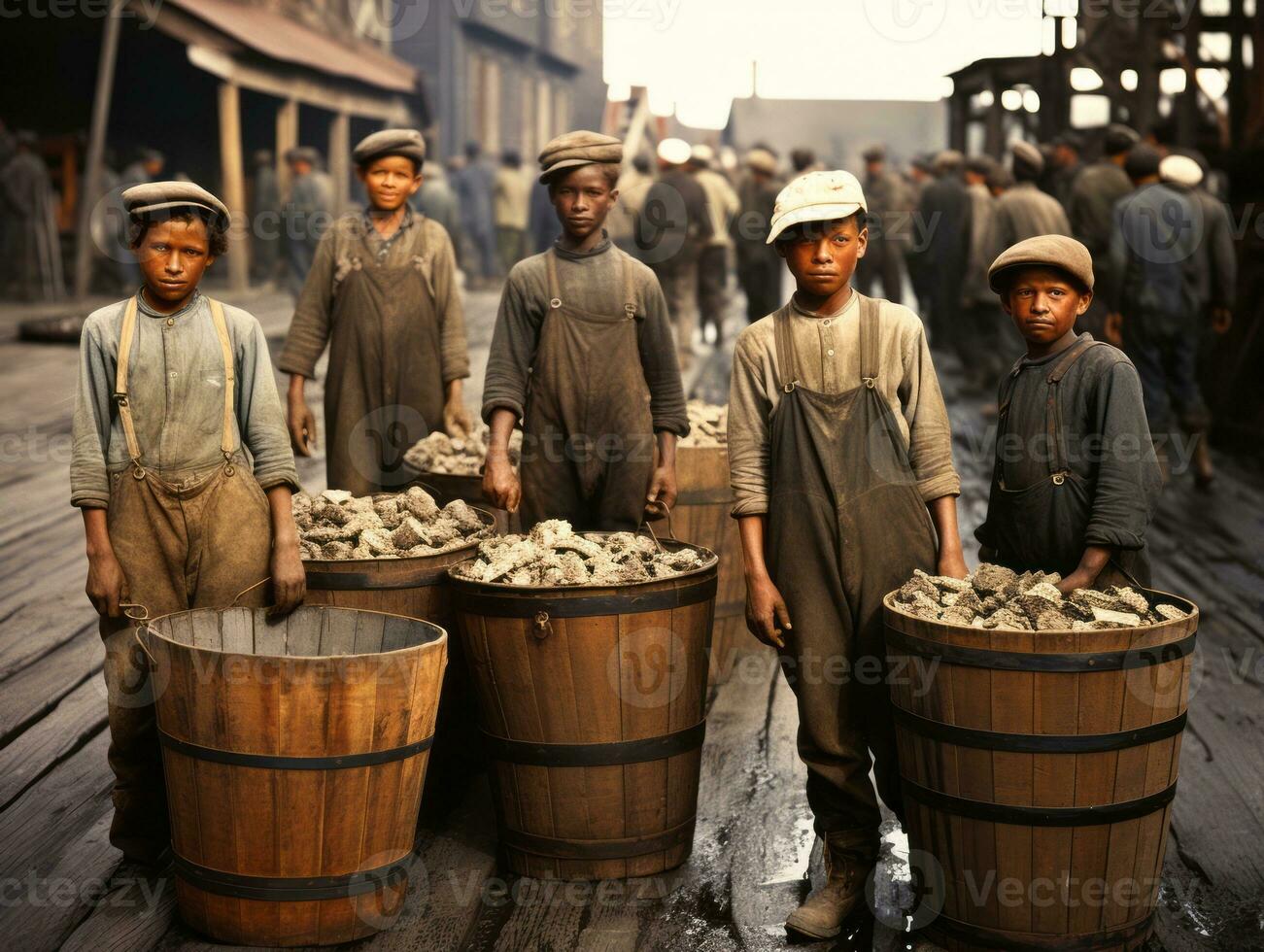 Historic colored photo of a kids daily work in the 1900s AI Generative