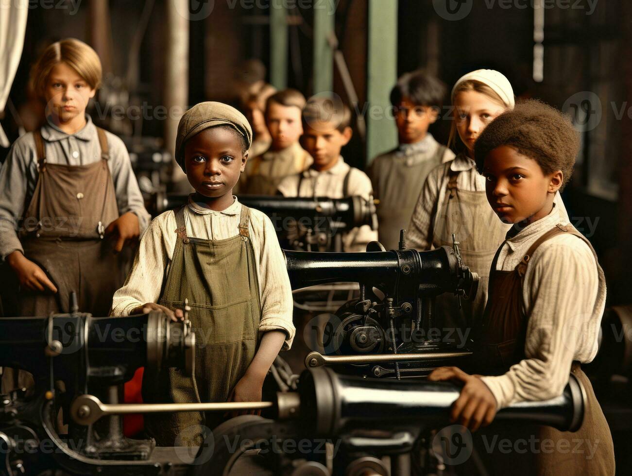 Historic colored photo of a kids daily work in the 1900s AI Generative