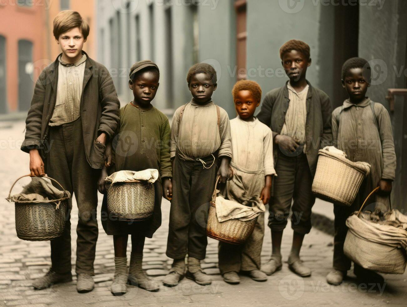 histórico de colores foto de un niños diario trabajo en el 1900 ai generativo