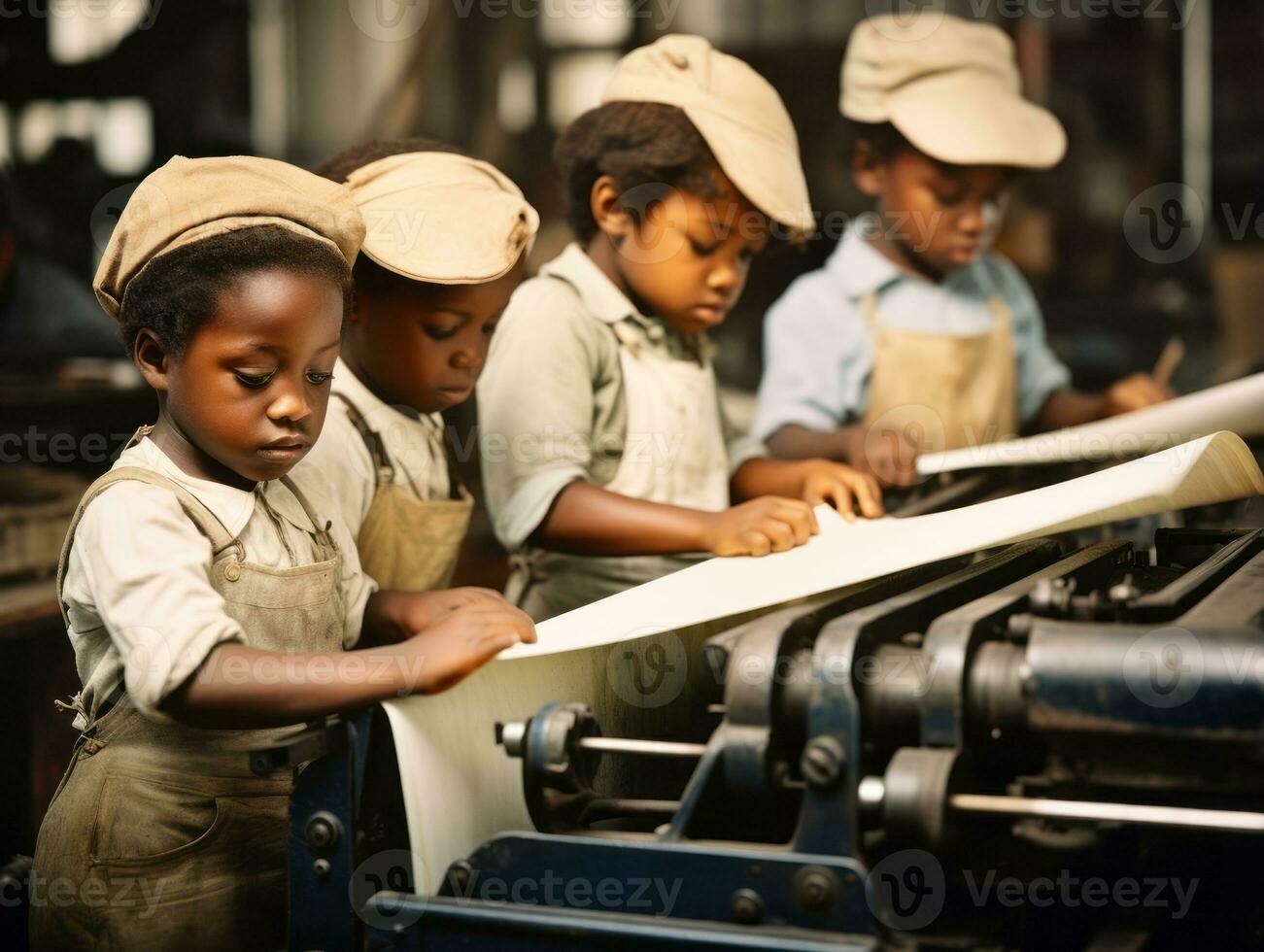 Historic colored photo of a kids daily work in the 1900s AI Generative