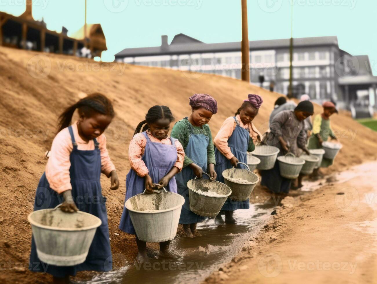 Historic colored photo of a kids daily work in the 1900s AI Generative