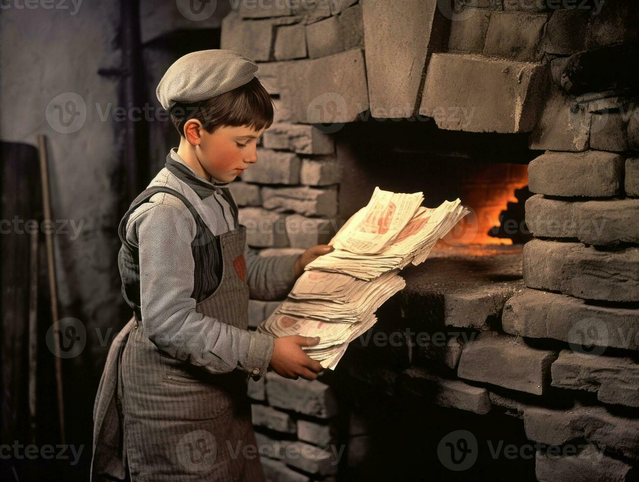 Historic colored photo of a kids daily work in the 1900s AI Generative