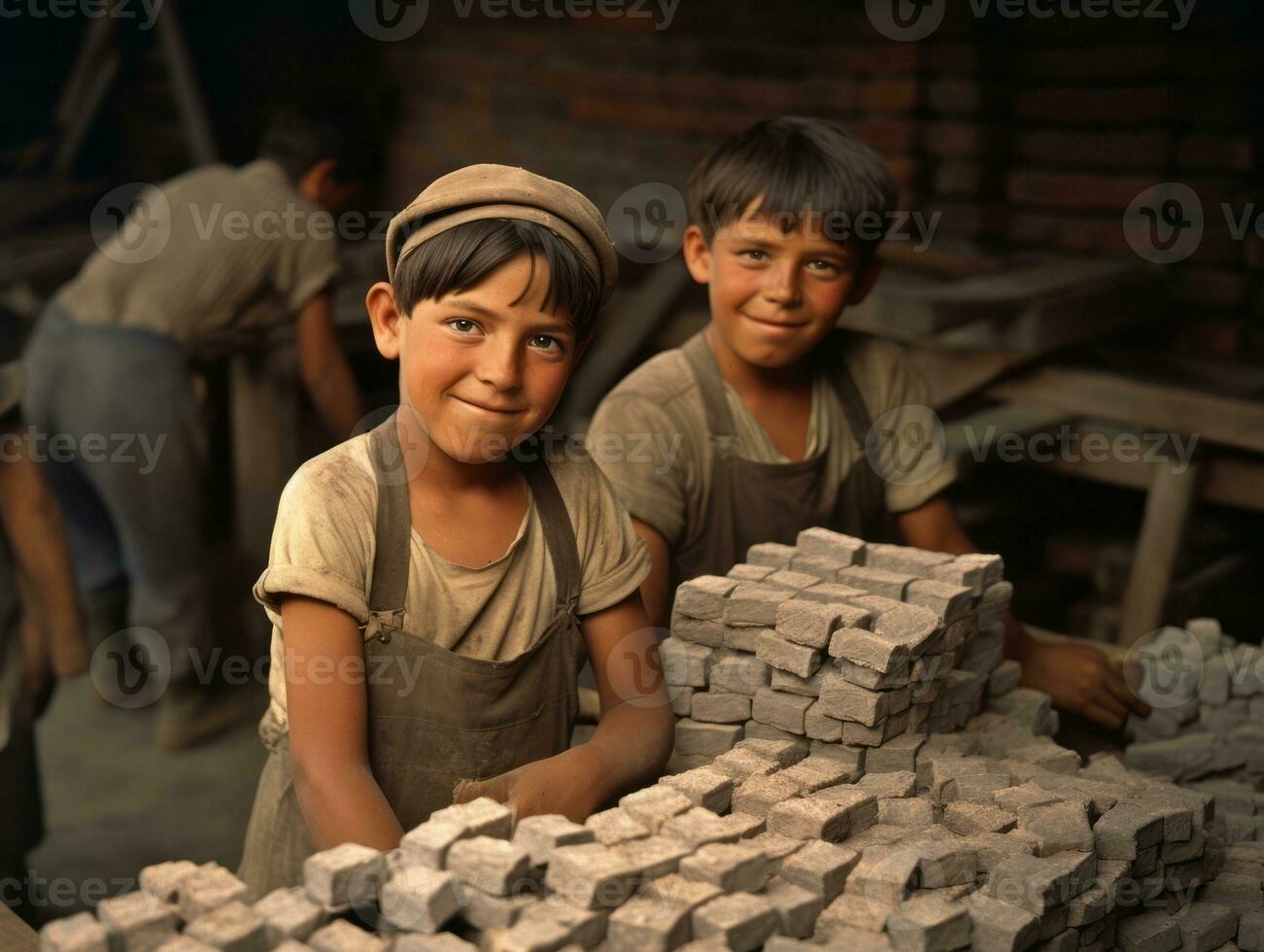 Historic colored photo of a kids daily work in the 1900s AI Generative