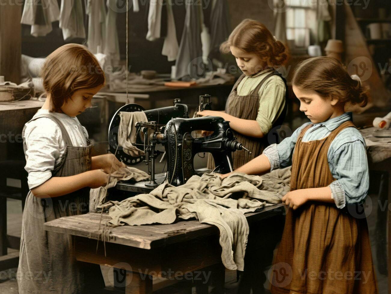 Historic colored photo of a kids daily work in the 1900s AI Generative