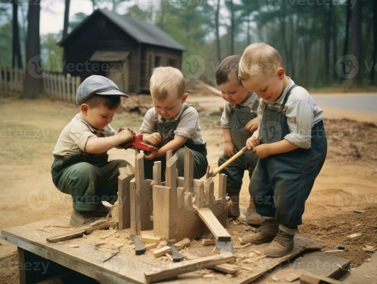 Historic colored photo of a kids daily work in the 1900s AI Generative