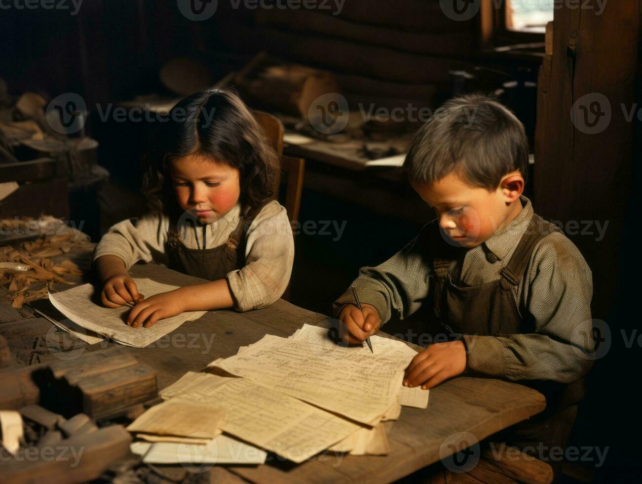 histórico de colores foto de un niños diario trabajo en el 1900 ai generativo