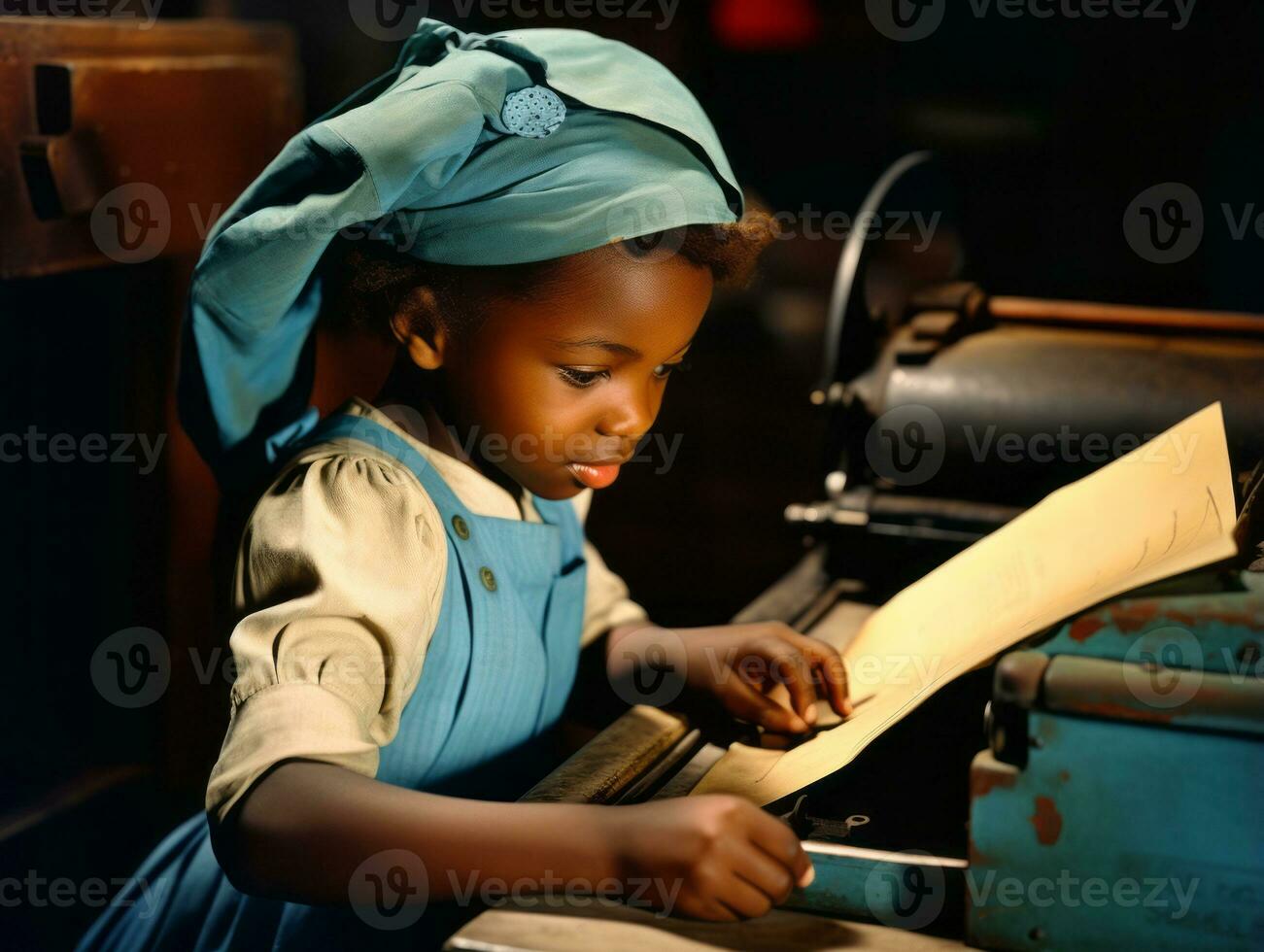 Historic colored photo of a kids daily work in the 1900s AI Generative