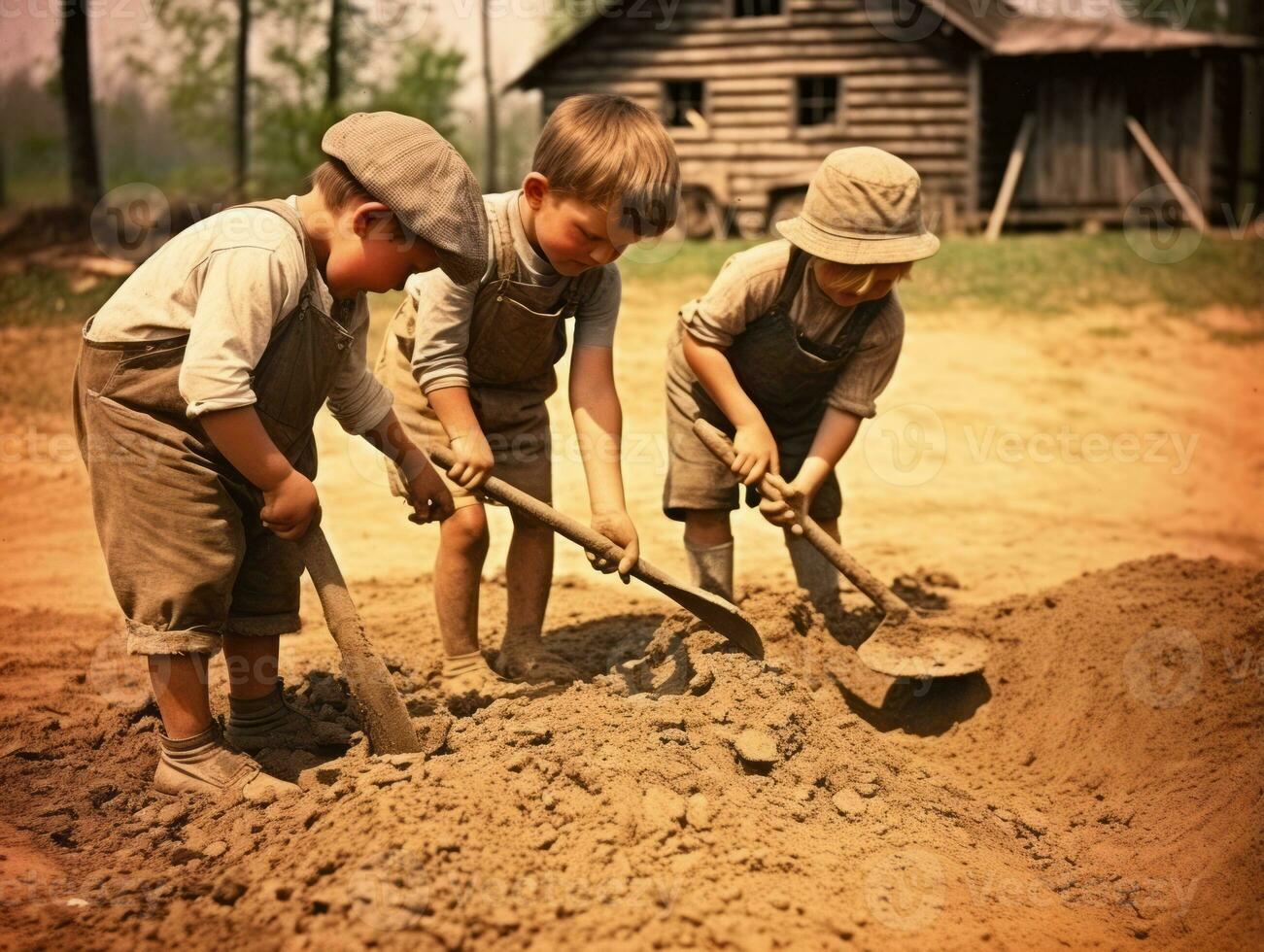 Historic colored photo of a kids daily work in the 1900s AI Generative