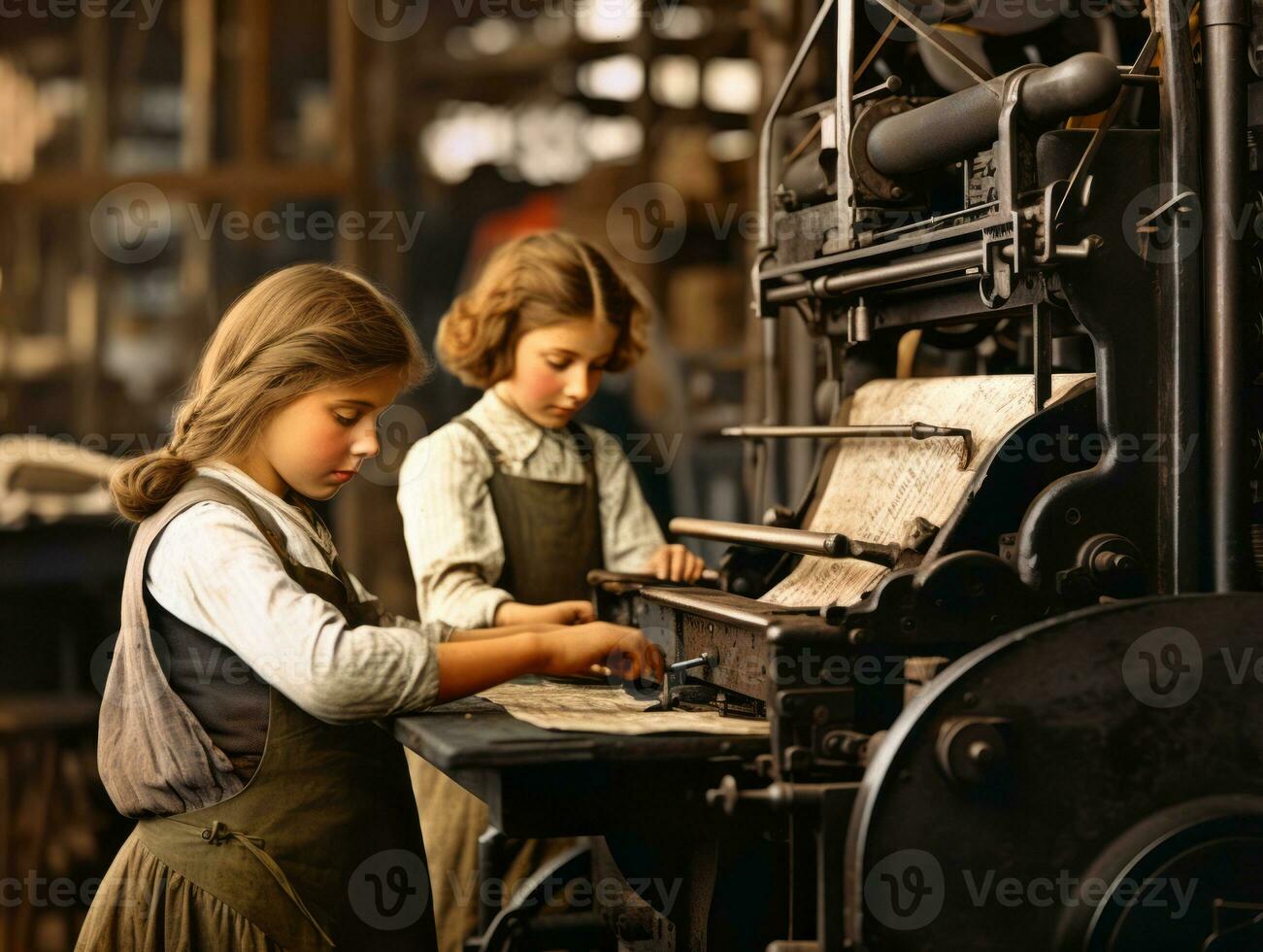 Historic colored photo of a kids daily work in the 1900s AI Generative