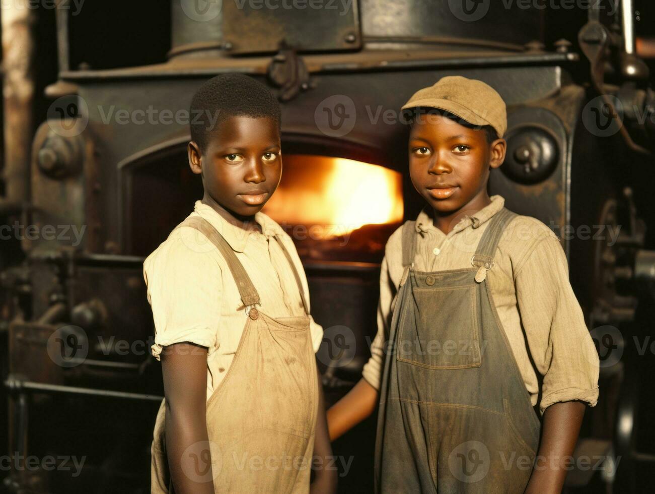 histórico de colores foto de un niños diario trabajo en el 1900 ai generativo