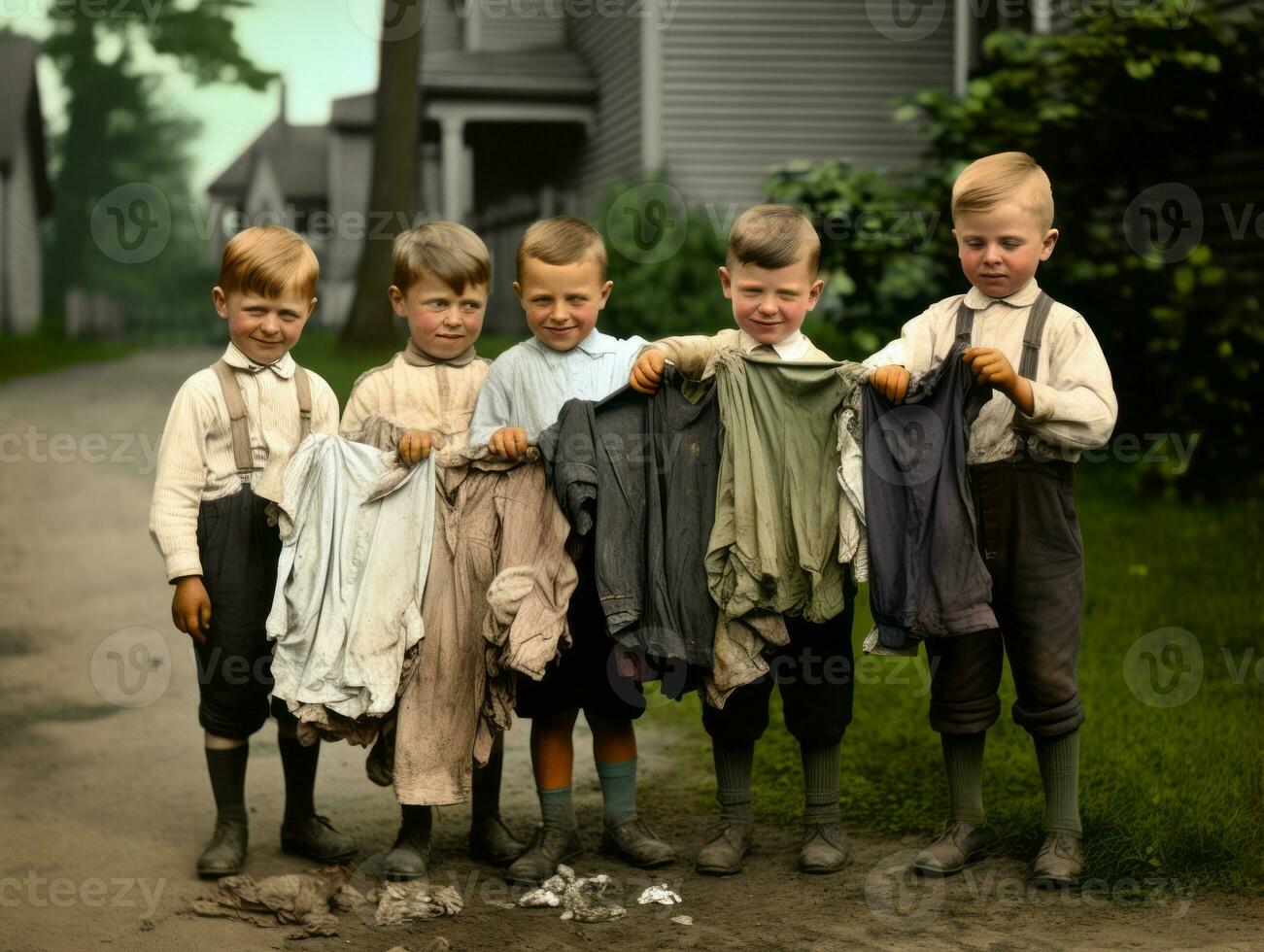 Historic colored photo of a kids daily work in the 1900s AI Generative