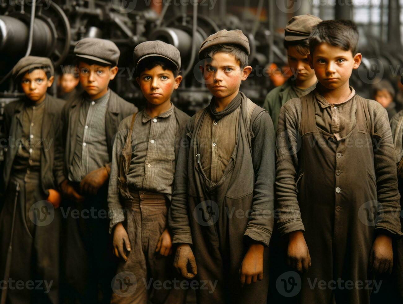 Historic colored photo of a kids daily work in the 1900s AI Generative