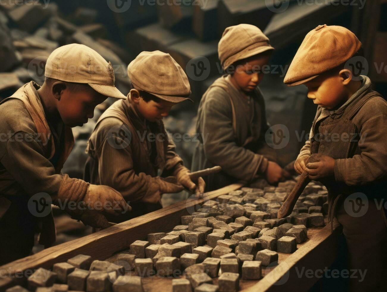 Historic colored photo of a kids daily work in the 1900s AI Generative