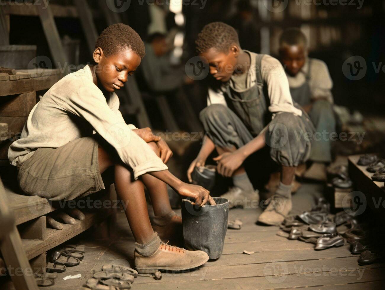 histórico de colores foto de un niños diario trabajo en el 1900 ai generativo