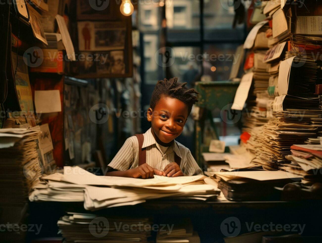 Historic colored photo of a kids daily work in the 1900s AI Generative