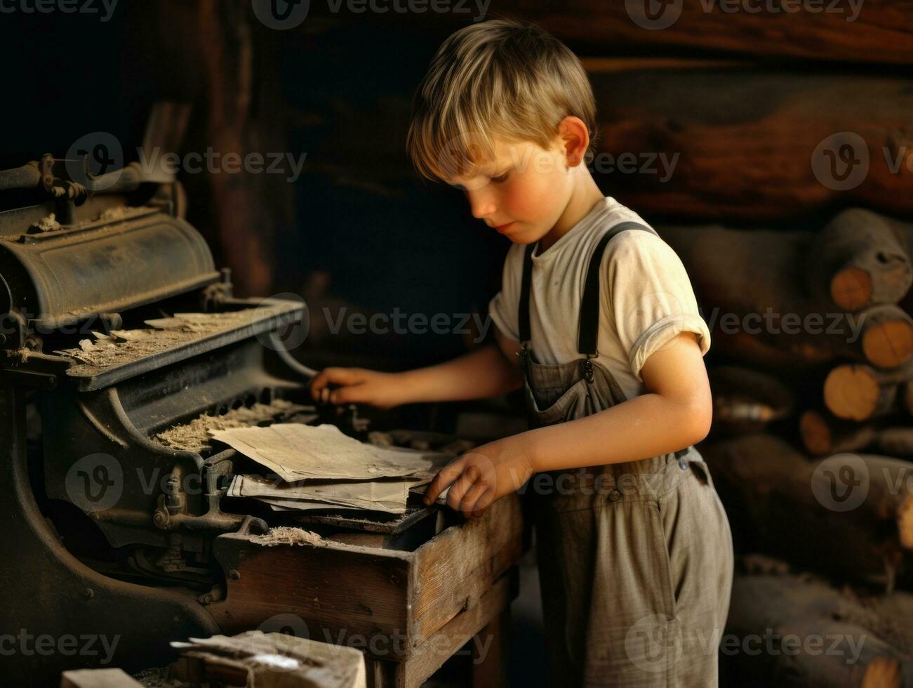 histórico de colores foto de un niños diario trabajo en el 1900 ai generativo