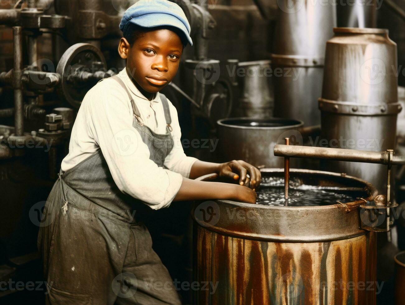 Historic colored photo of a kids daily work in the 1900s AI Generative