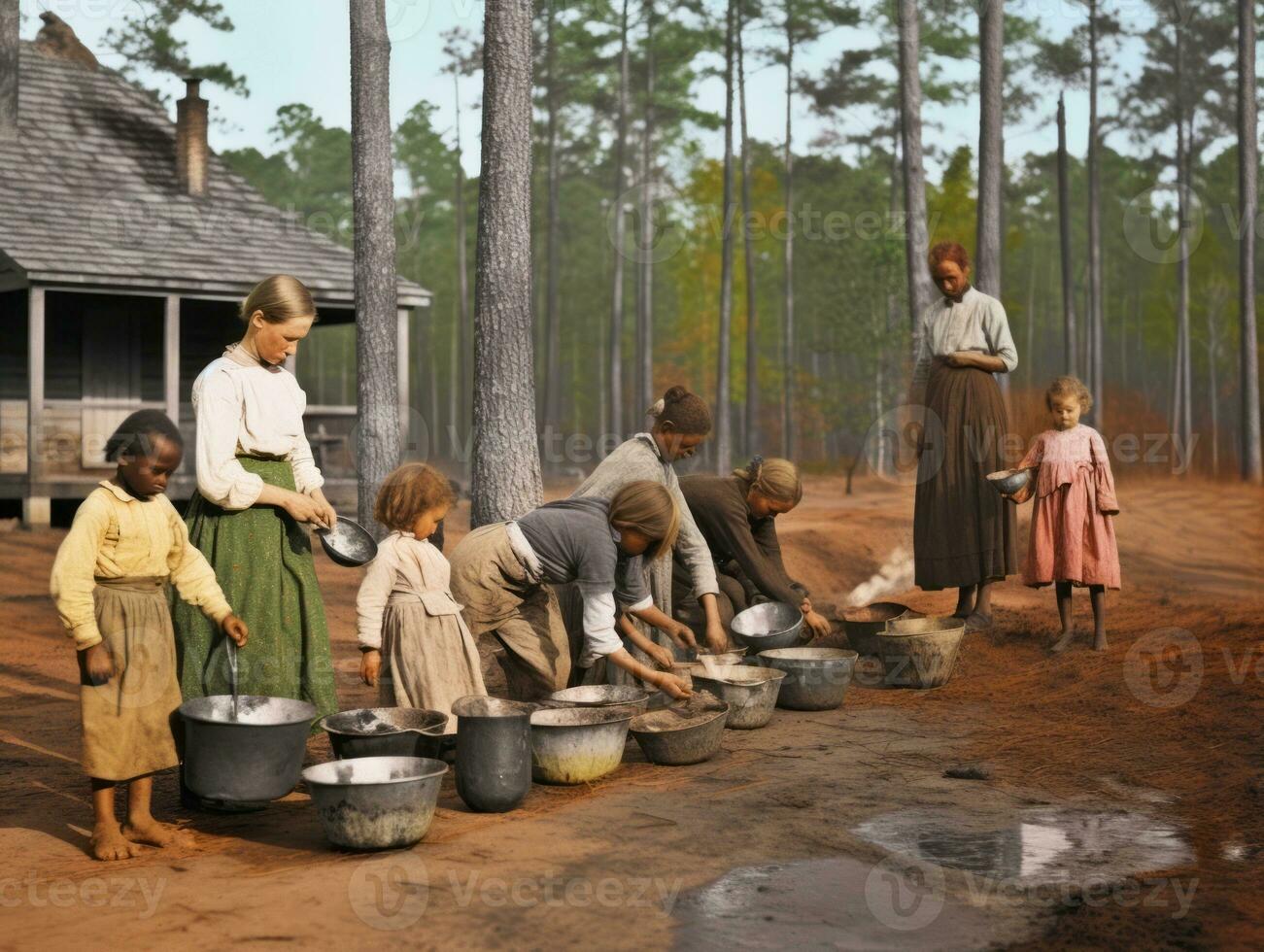 Historic colored photo of a kids daily work in the 1900s AI Generative