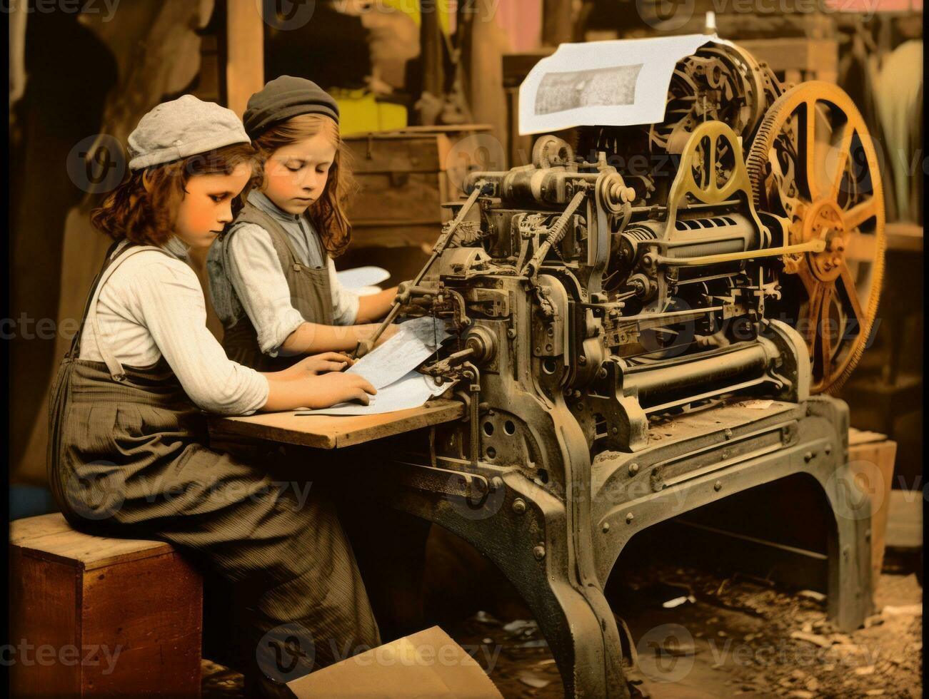 Historic colored photo of a kids daily work in the 1900s AI Generative