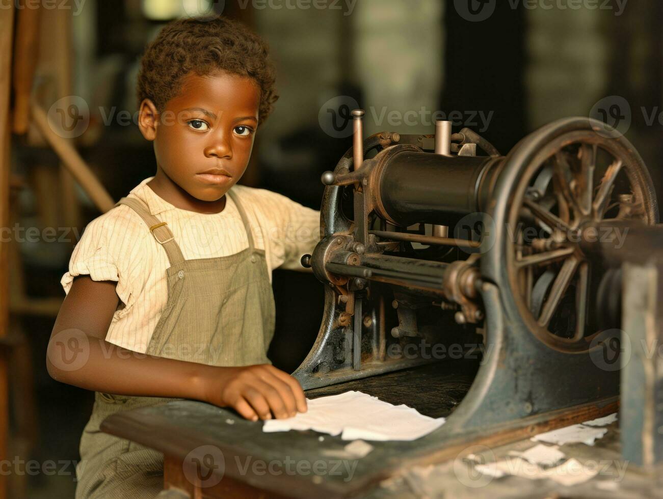 Historic colored photo of a kids daily work in the 1900s AI Generative