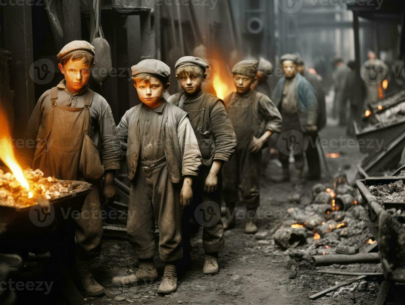 Historic colored photo of a kids daily work in the 1900s AI Generative