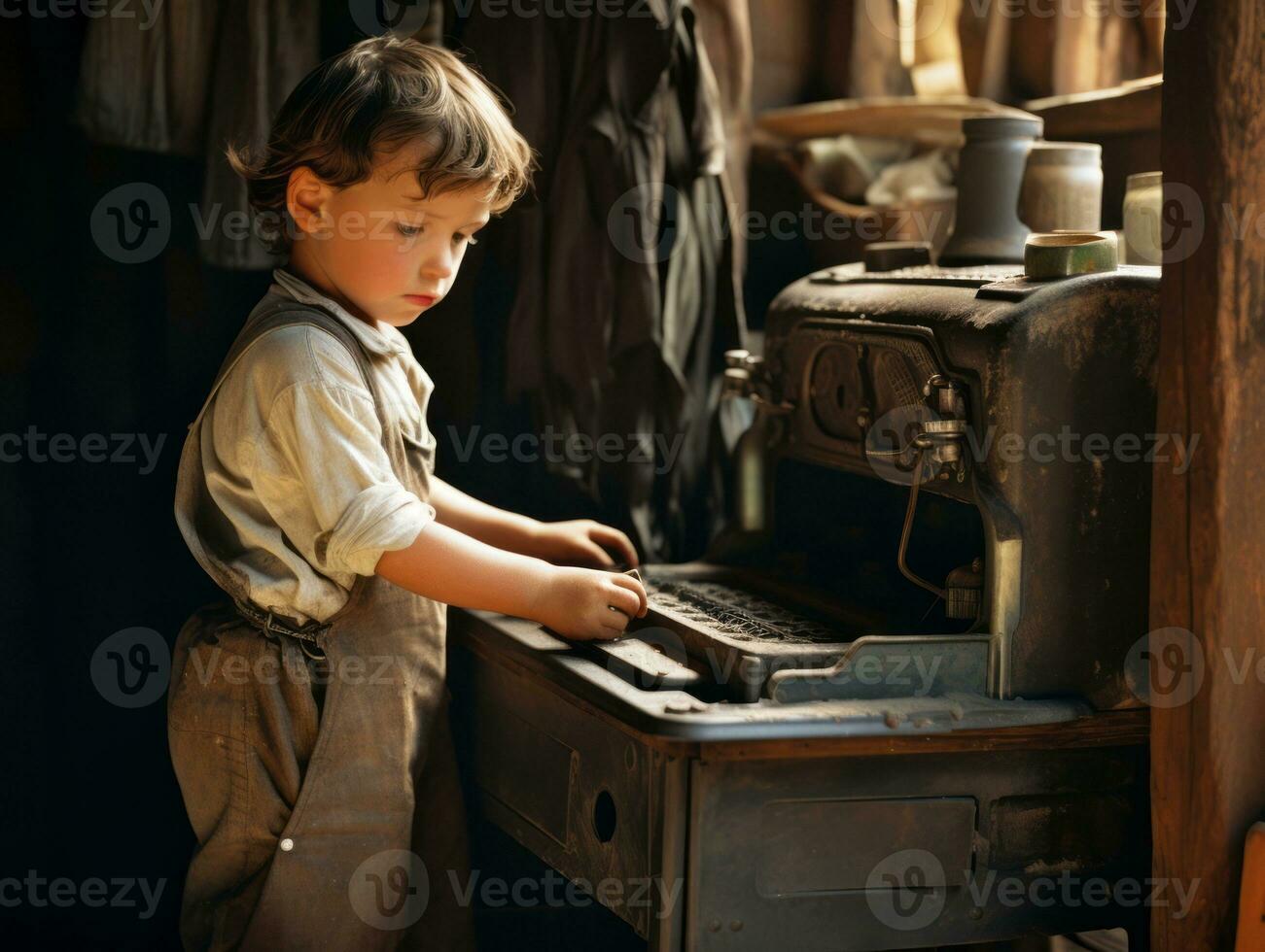 Historic colored photo of a kids daily work in the 1900s AI Generative