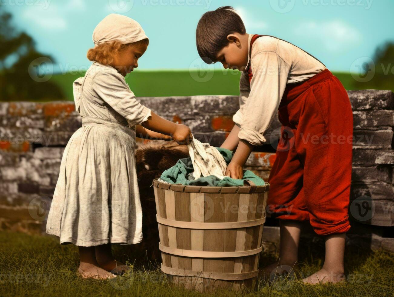 Historic colored photo of a kids daily work in the 1900s AI Generative