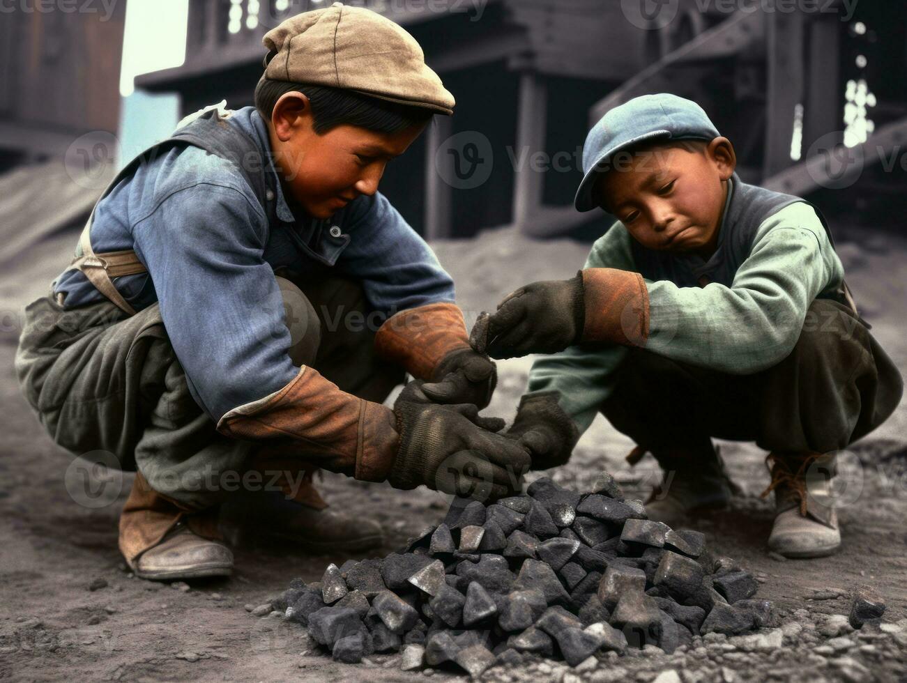 Historic colored photo of a kids daily work in the 1900s AI Generative