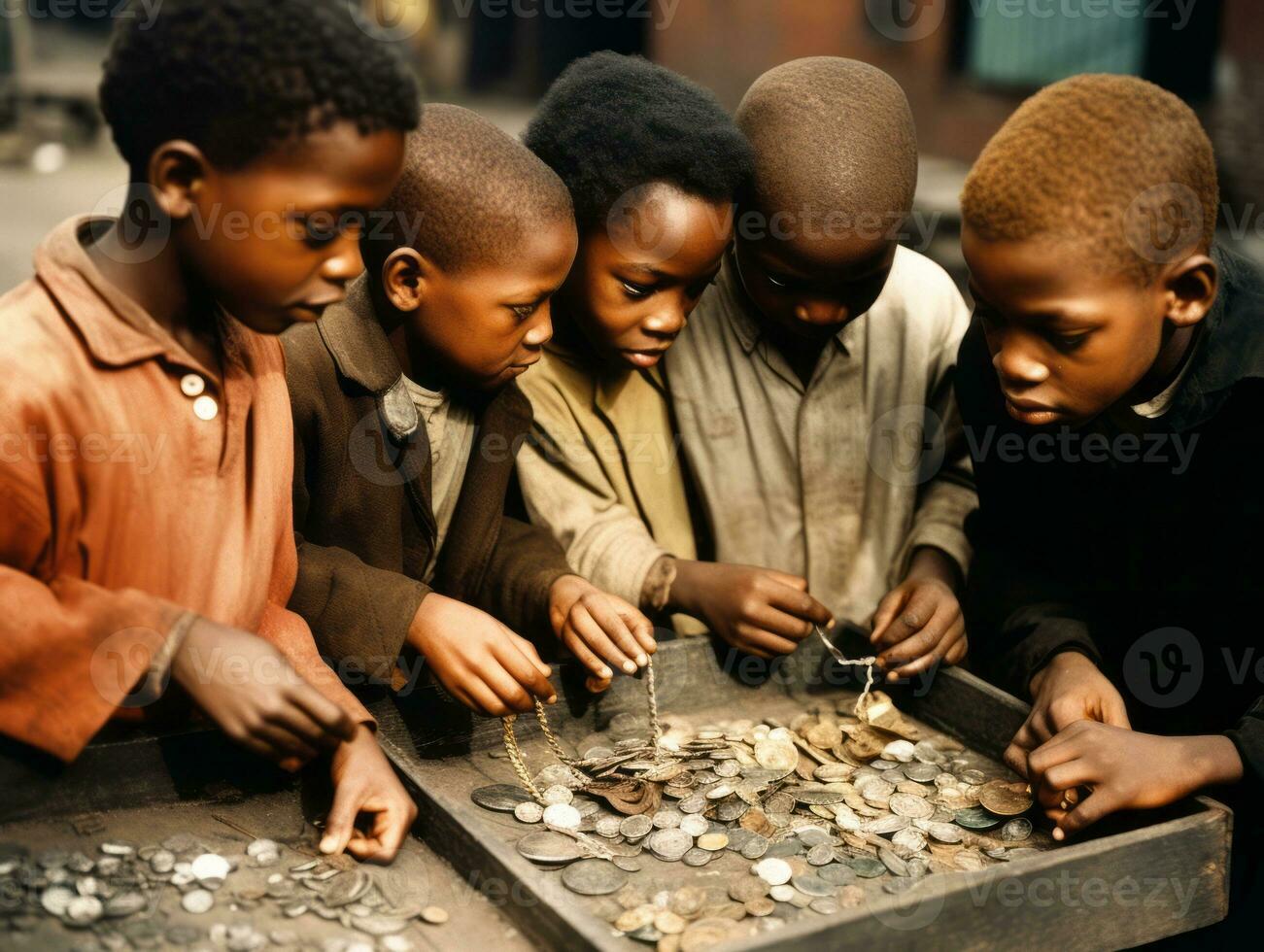 histórico de colores foto de un niños diario trabajo en el 1900 ai generativo