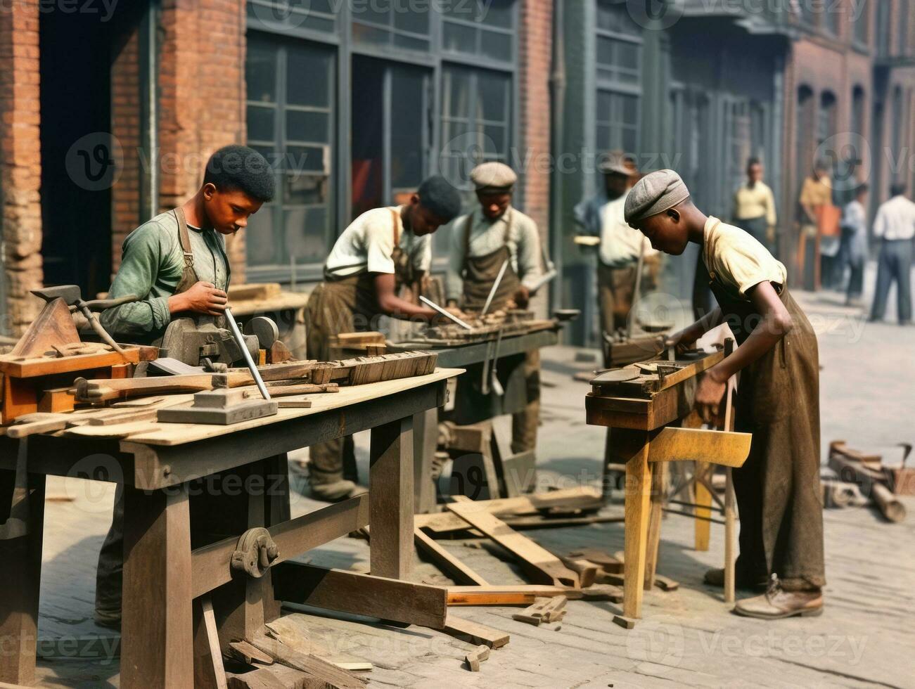 Historic colored photo of a kids daily work in the 1900s AI Generative