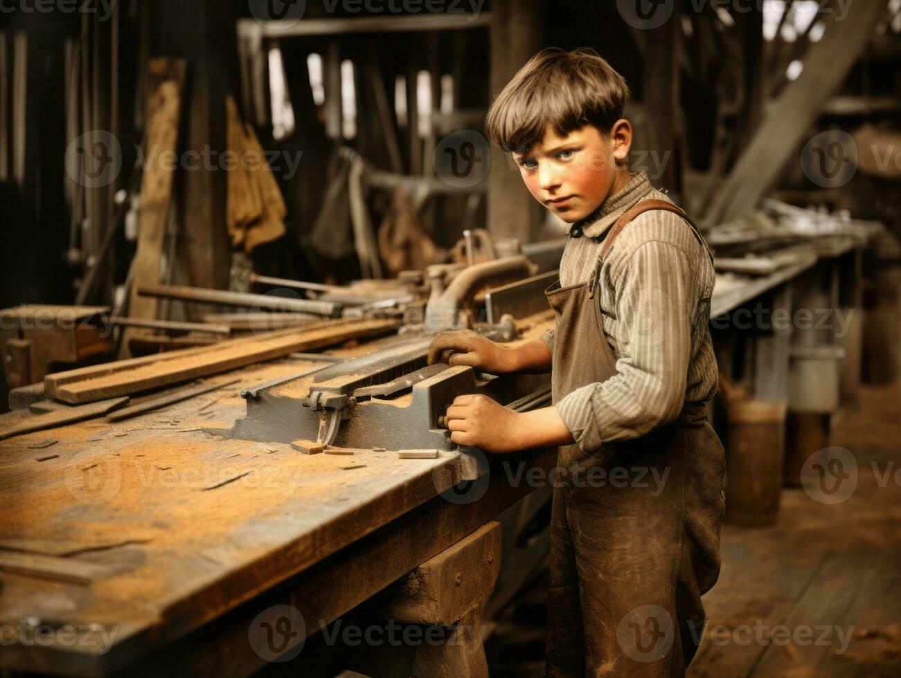 Historic colored photo of a kids daily work in the 1900s AI Generative