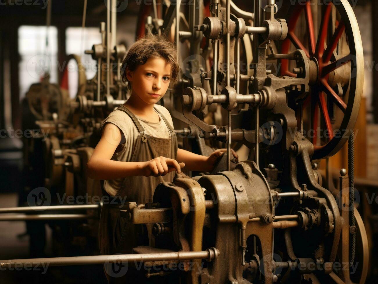 histórico de colores foto de un niños diario trabajo en el 1900 ai generativo