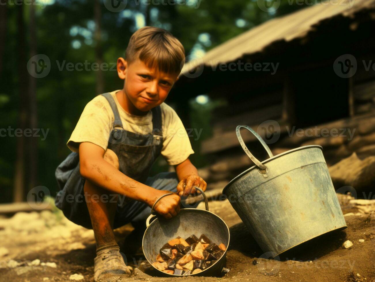 histórico de colores foto de un niños diario trabajo en el 1900 ai generativo