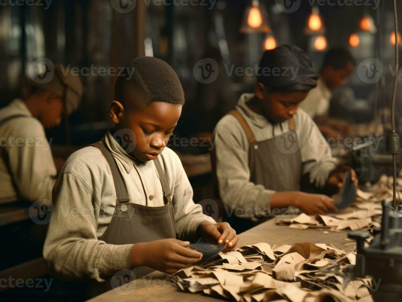 Historic colored photo of a kids daily work in the 1900s AI Generative