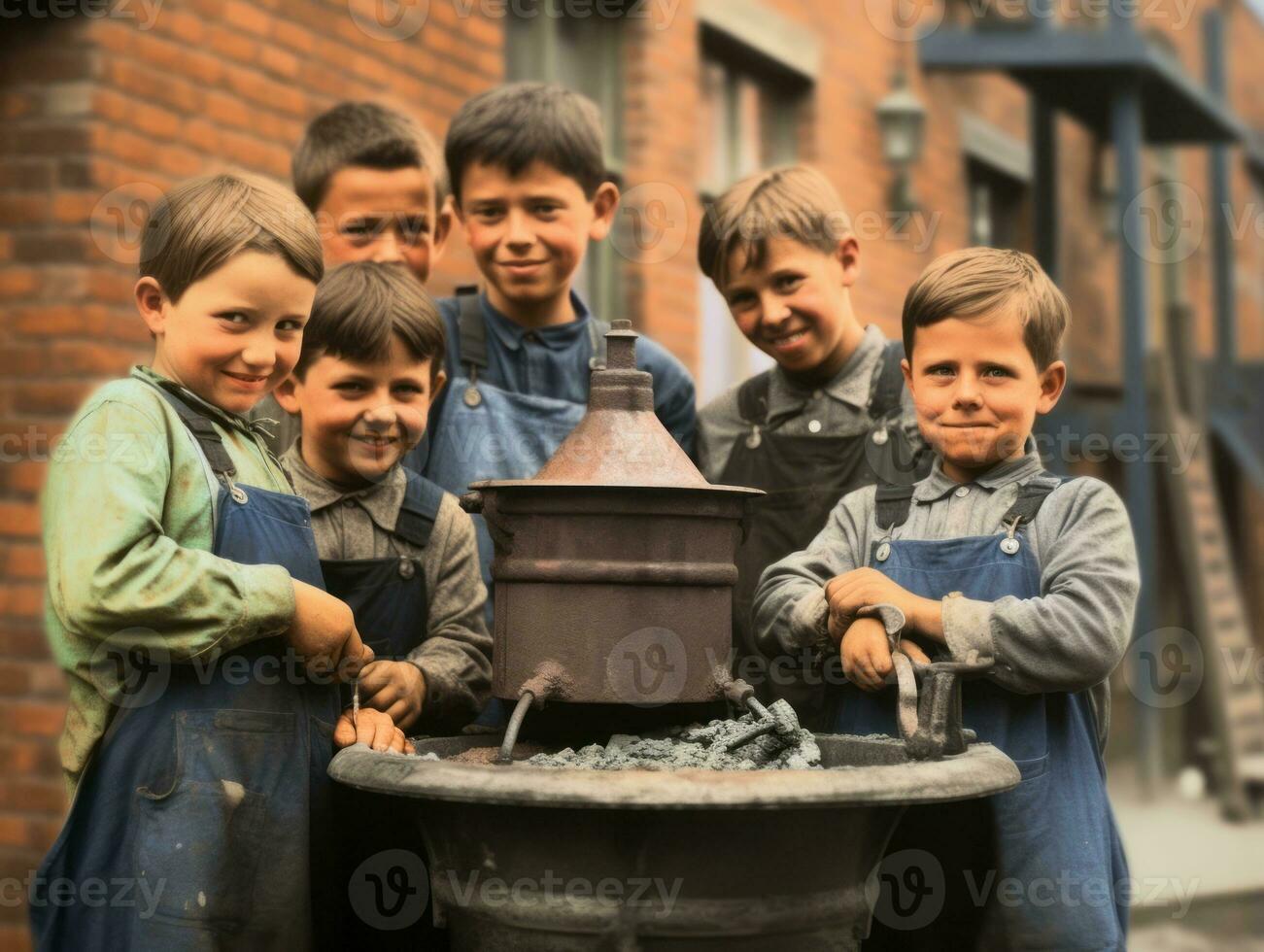 Historic colored photo of a kids daily work in the 1900s AI Generative