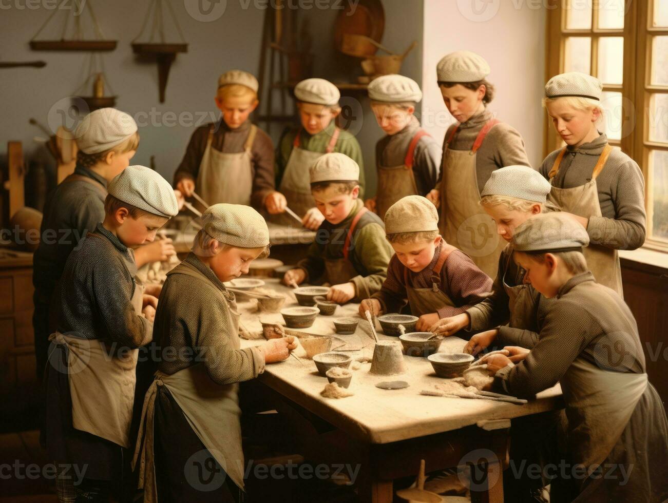 Historic colored photo of a kids daily work in the 1900s AI Generative