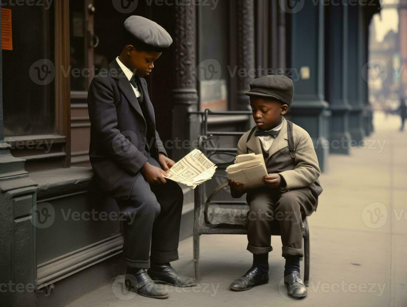 histórico de colores foto de un niños diario trabajo en el 1900 ai generativo