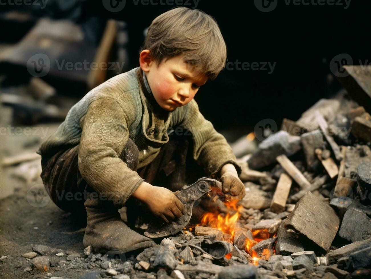 Historic colored photo of a kids daily work in the 1900s AI Generative