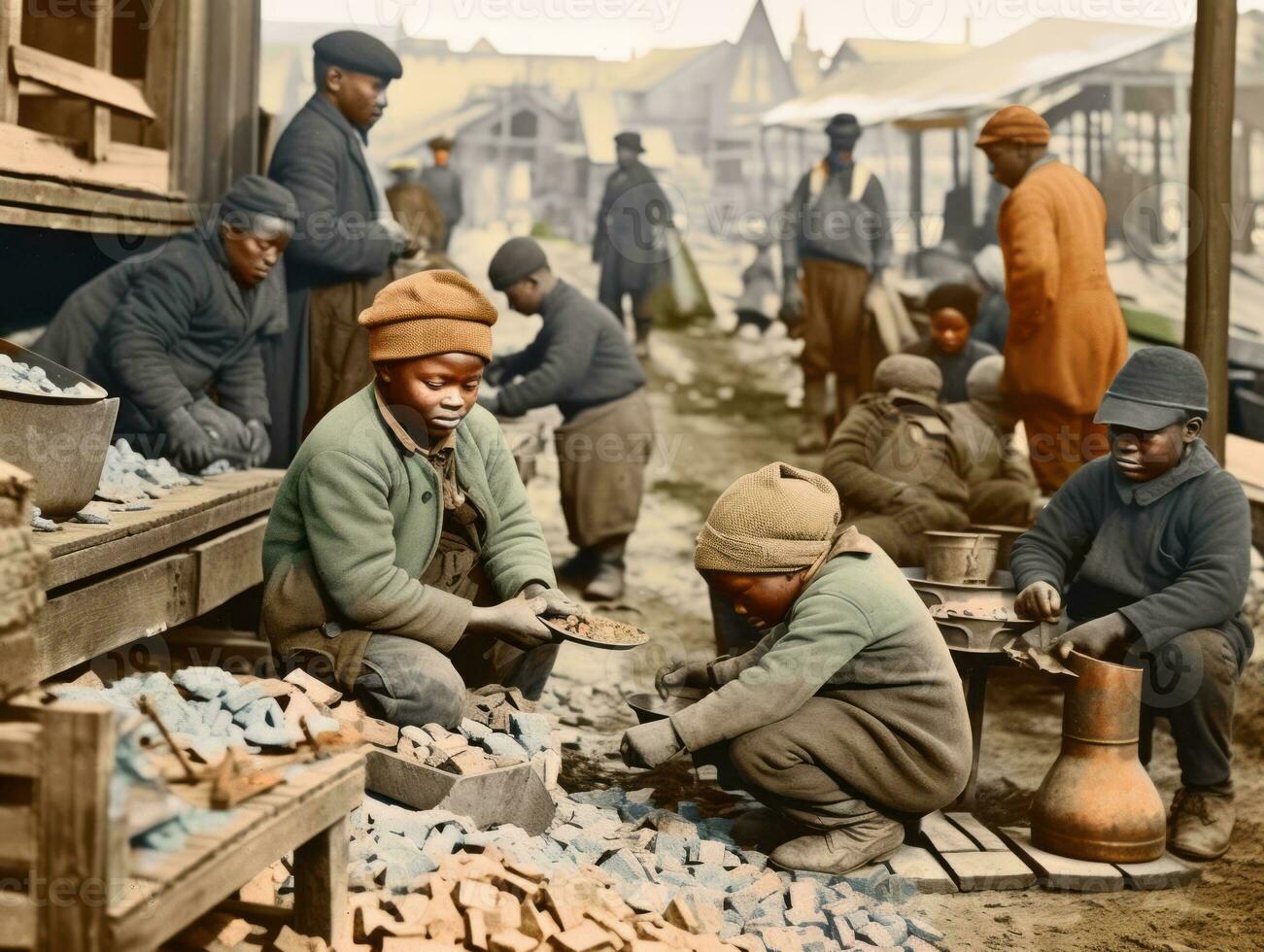 Historic colored photo of a kids daily work in the 1900s AI Generative