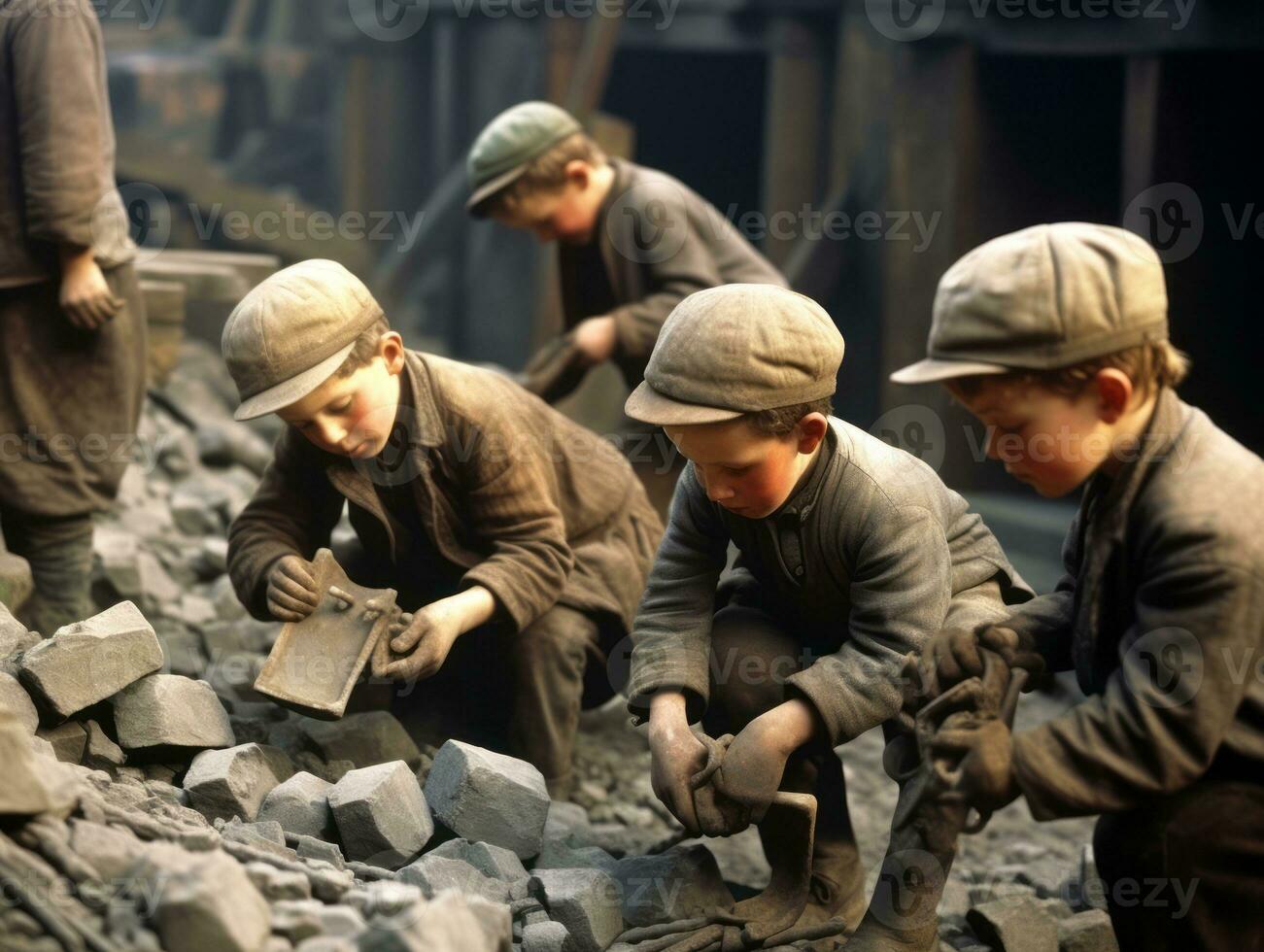 Historic colored photo of a kids daily work in the 1900s AI Generative