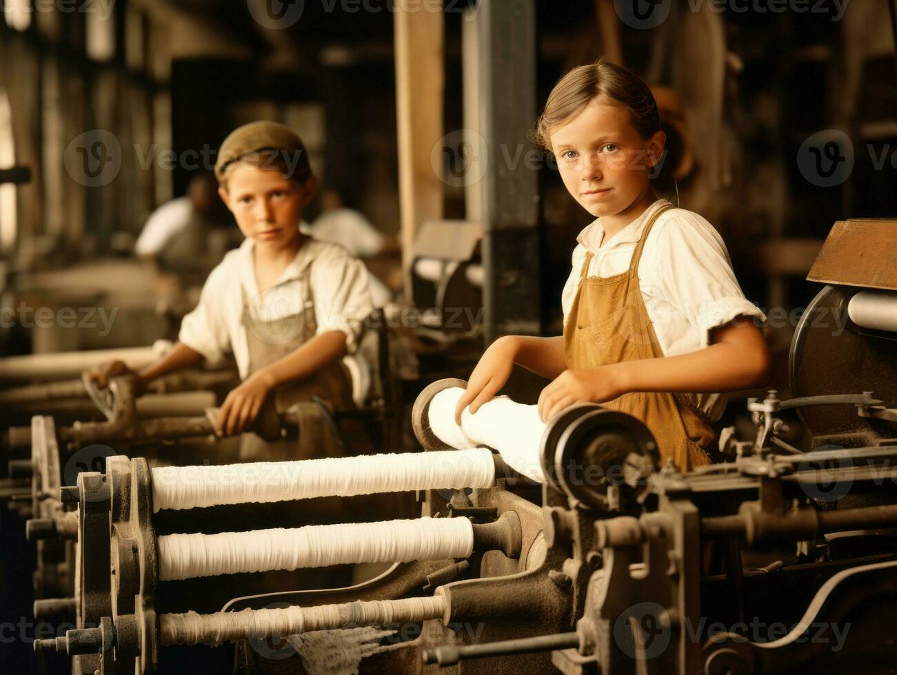 histórico de colores foto de un niños diario trabajo en el 1900 ai generativo